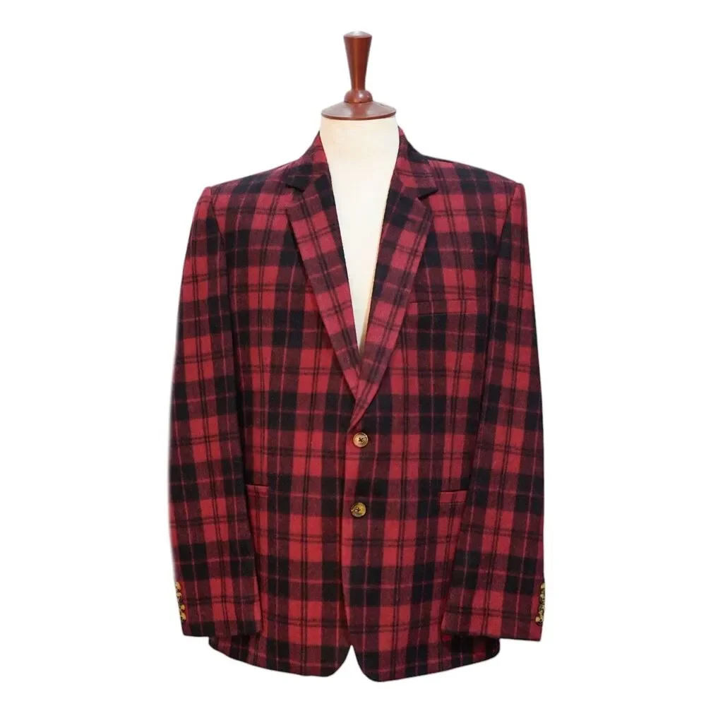Mens Lambswool Sport Coat 44R Red Black Tartan Plaid Blazer 2 Button Classic